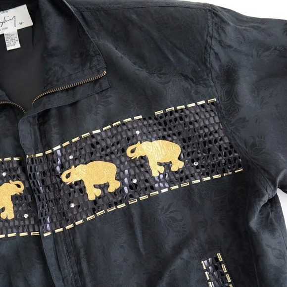Vintage  Shiy Black with Gold Elephant 100% Silk Jacket Med - Picture 10 of 12